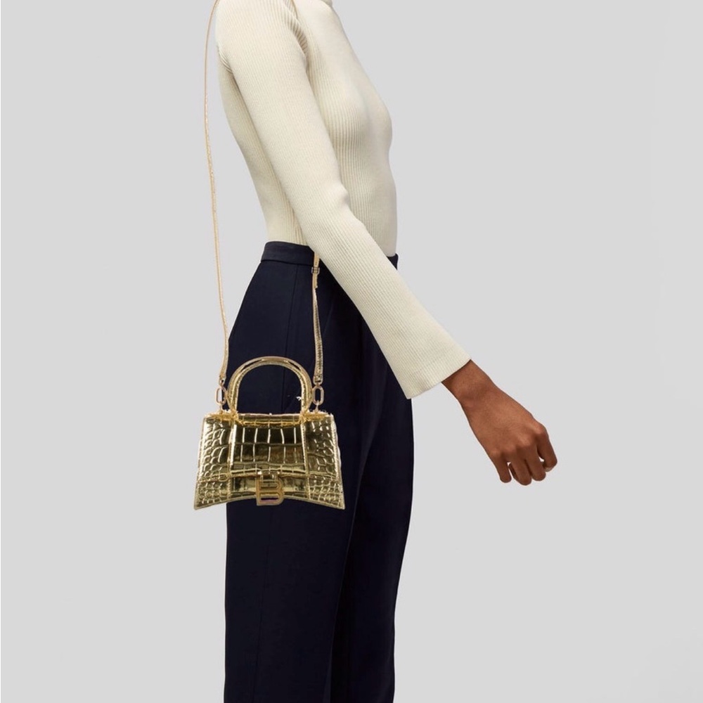Balenciaga Gold Hourglass Croc-Embossed Crossbody Bag XS